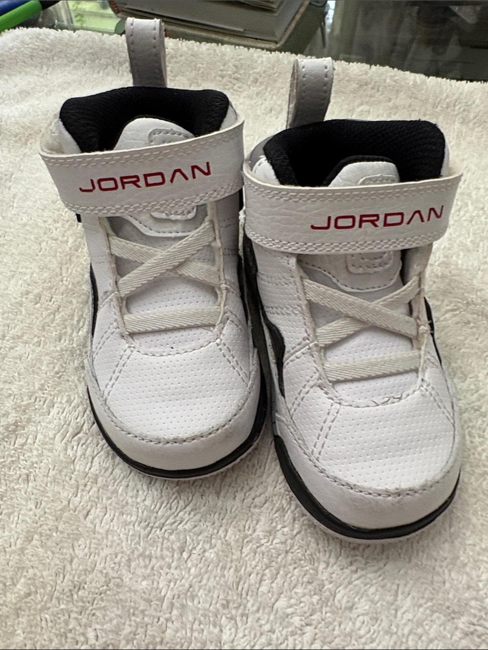 Jordan Kids White and Black Sneakers with Red Logo - Easy On High-Tops